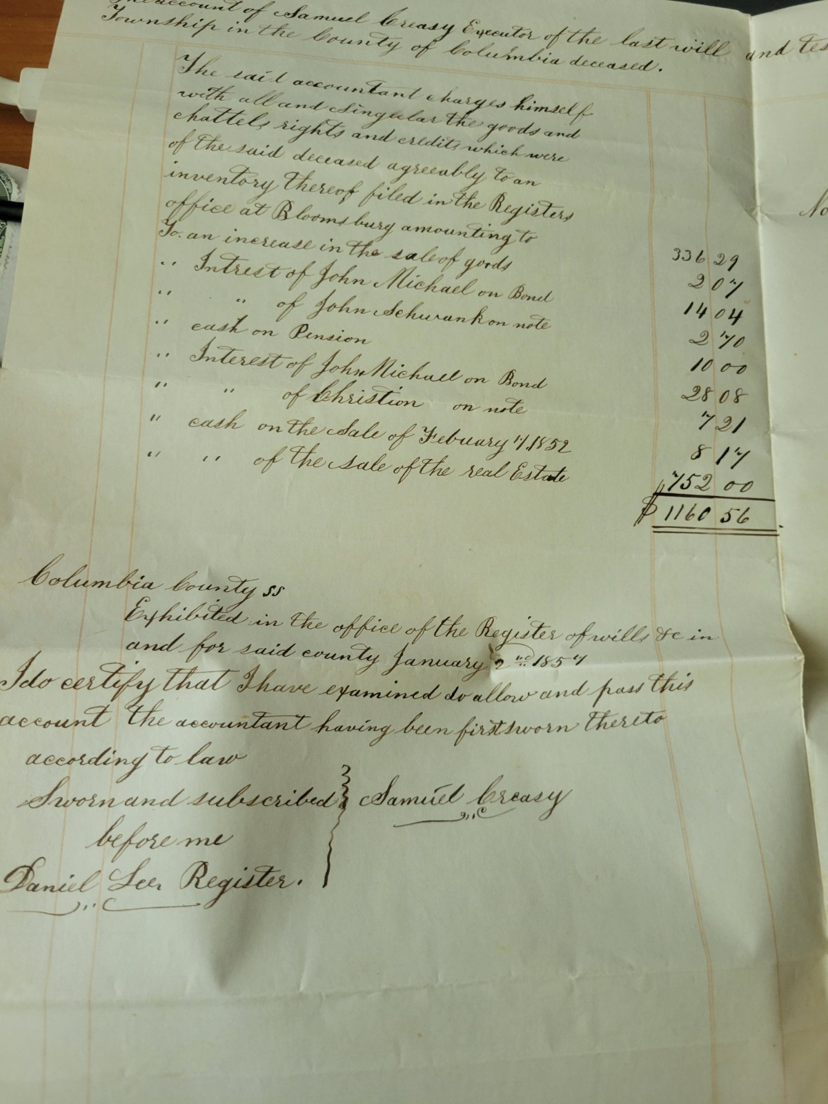 Ephemera Estate Acc'ing Jacob Schwank Mifflin Twp PA Columbia Cty Mifflinville