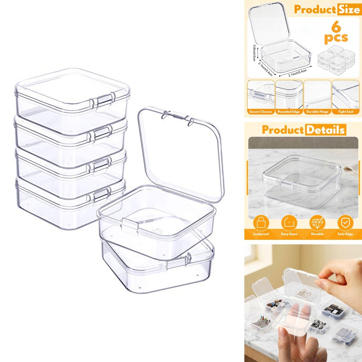 Jetec 6 Pieces Small Clear Plastic Storage Box 2.1 x 2.1 x 0.8 Inch