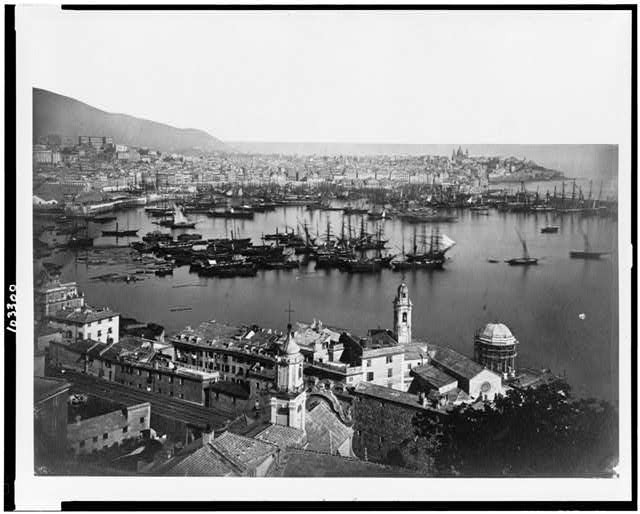 Photo:Genoa Italy 1860s Harbor Cityscape Boats Ships Waterfront View