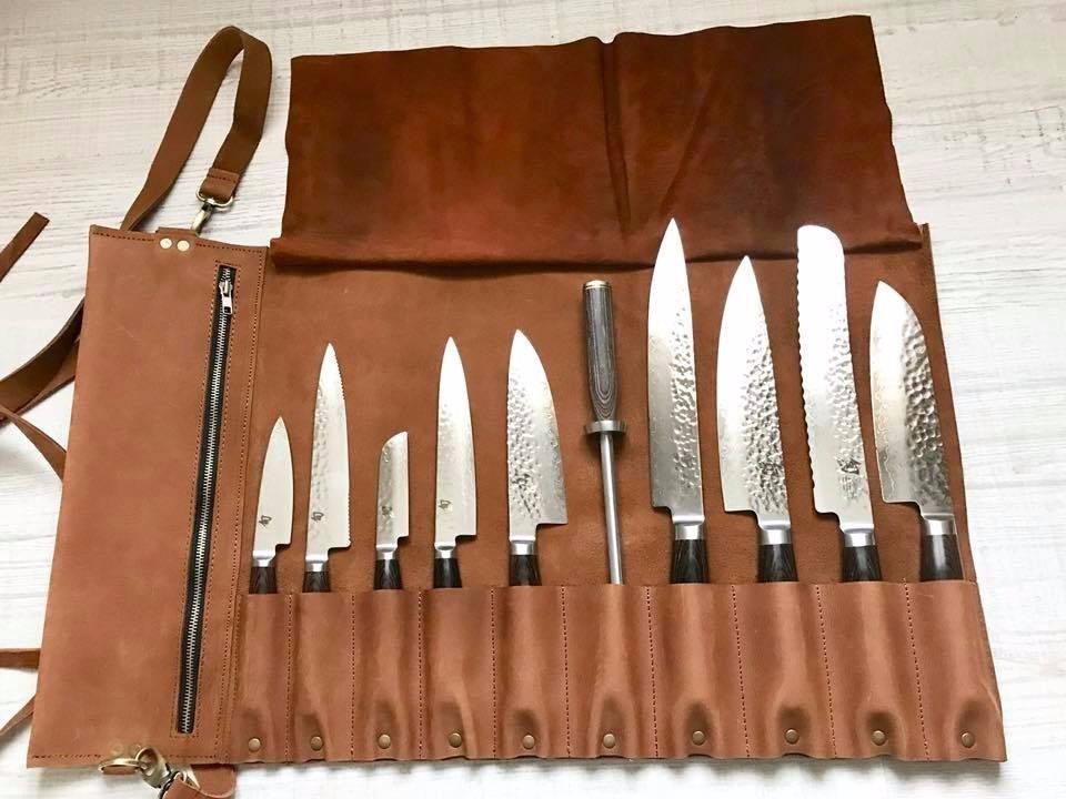 Vintage Tan 100% Real Leather Professional Space  Chef Knife Roll bag 