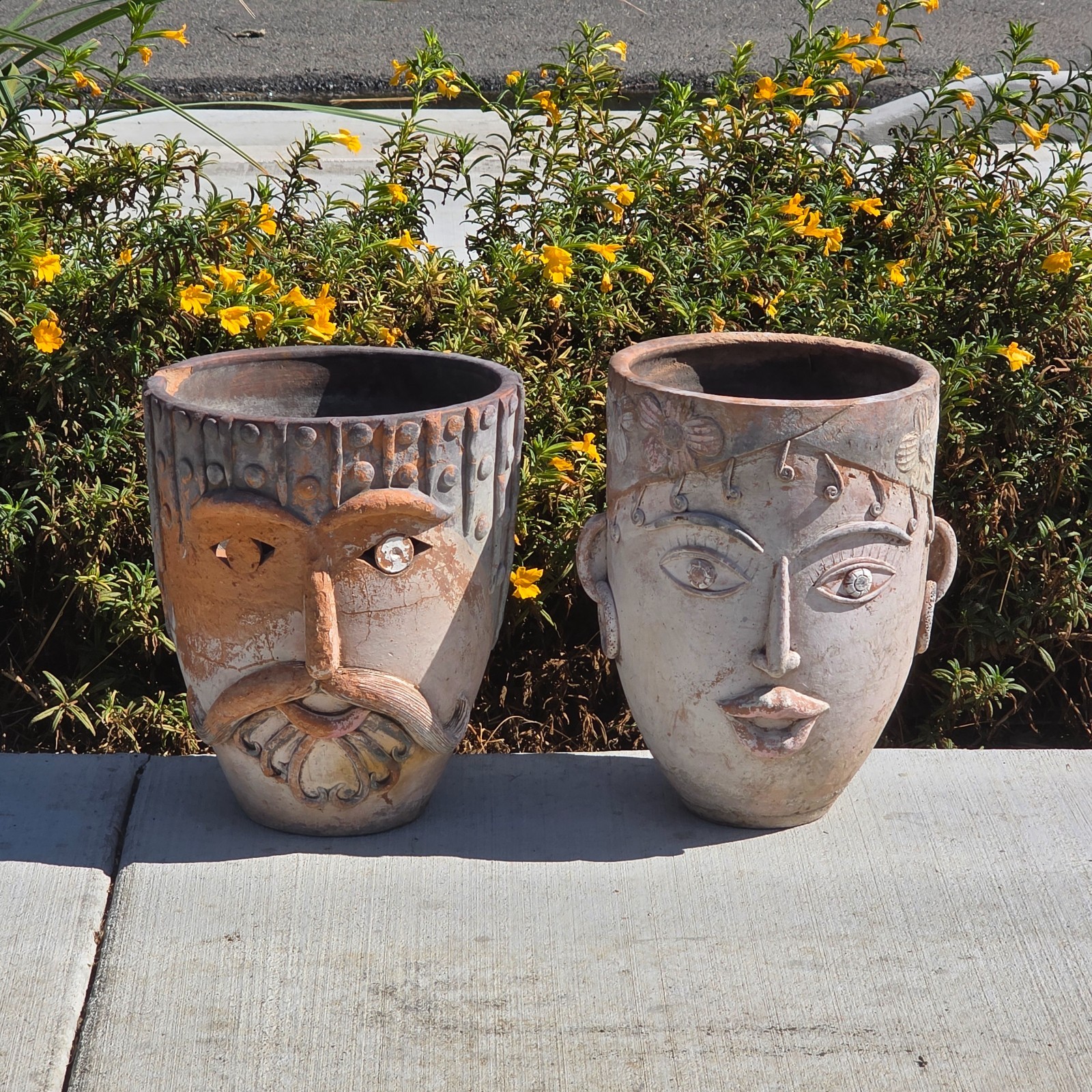 Vtg 1960s Mexican Terracotta Face Planter Pot Folk Art Head Pair Man Woman Set