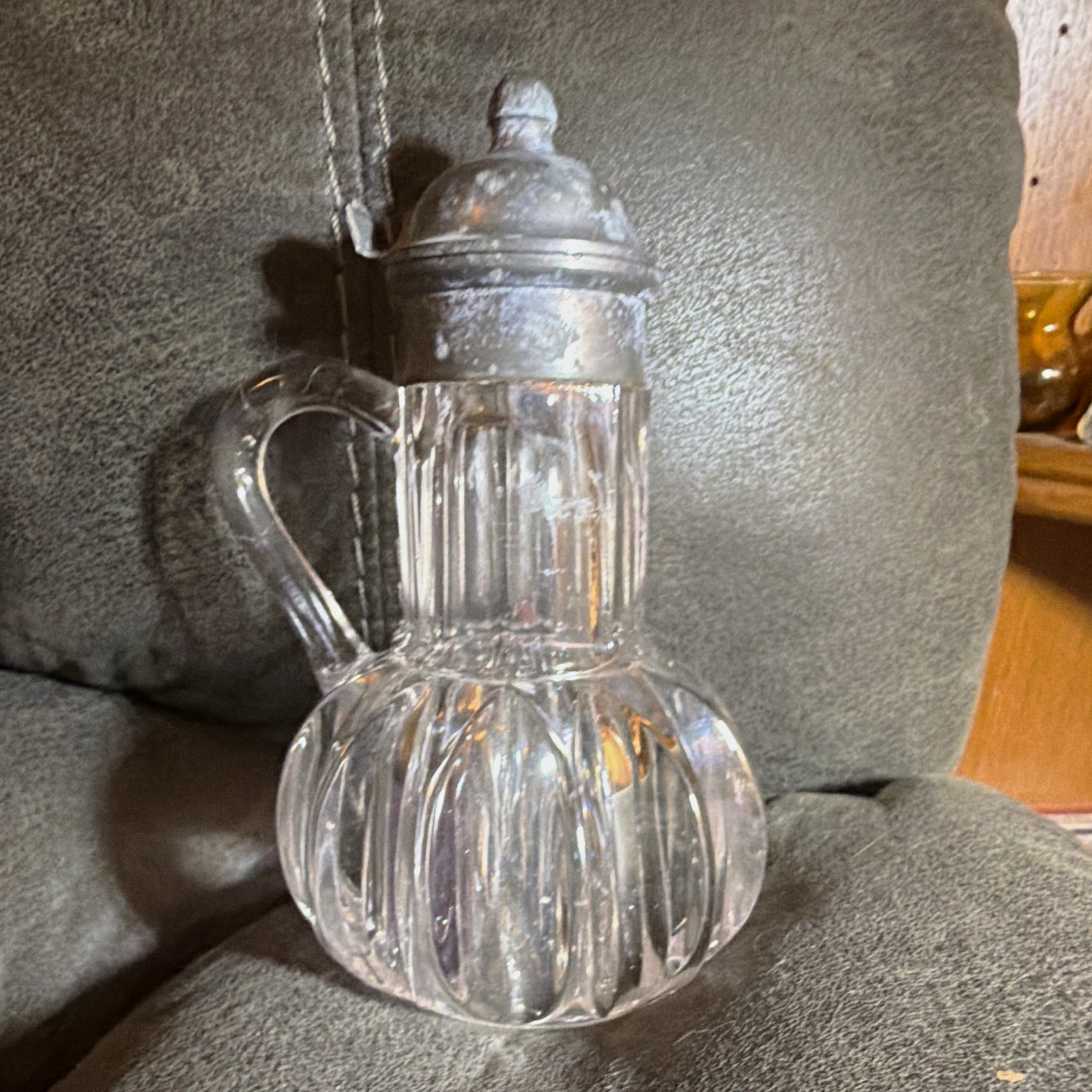 US Glass Company late 1800's Syrup Pitcher with Pewter Lid (Glows)