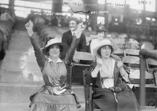 Mrs. Chief Meyers & Mrs. Larry Cheney (baseball),1916,women cheering in stands
