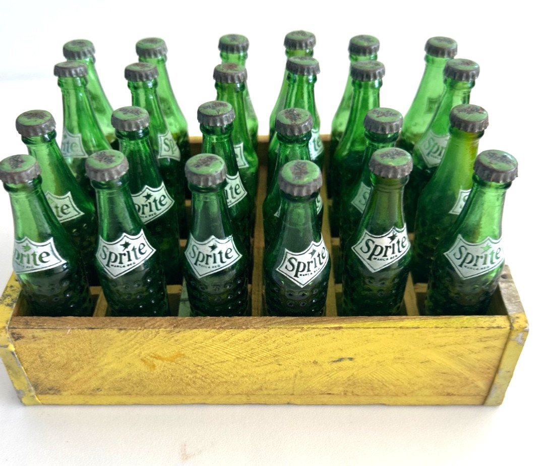 Vintage 24 minature sprite blass bottles in wooden yellow box 