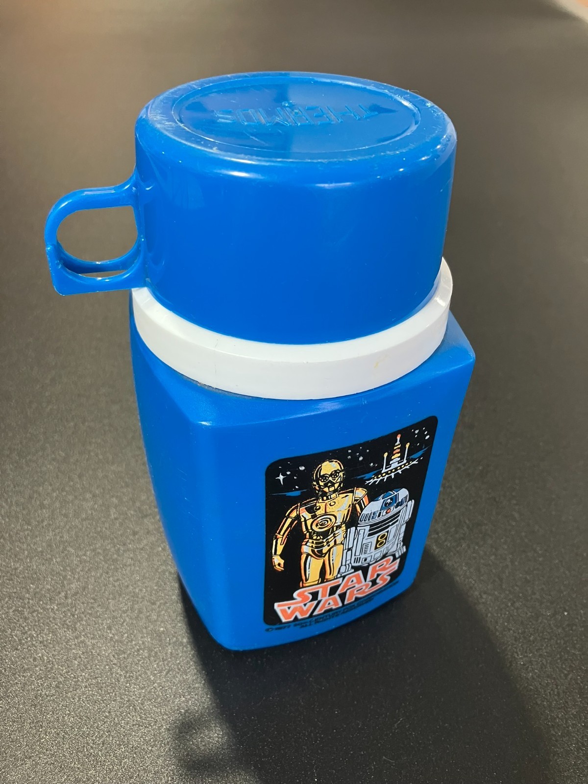 Vintage 1977 Star Wars Thermos - Uncommon Blue Lid - R2D2 and C3PO - King Seeley