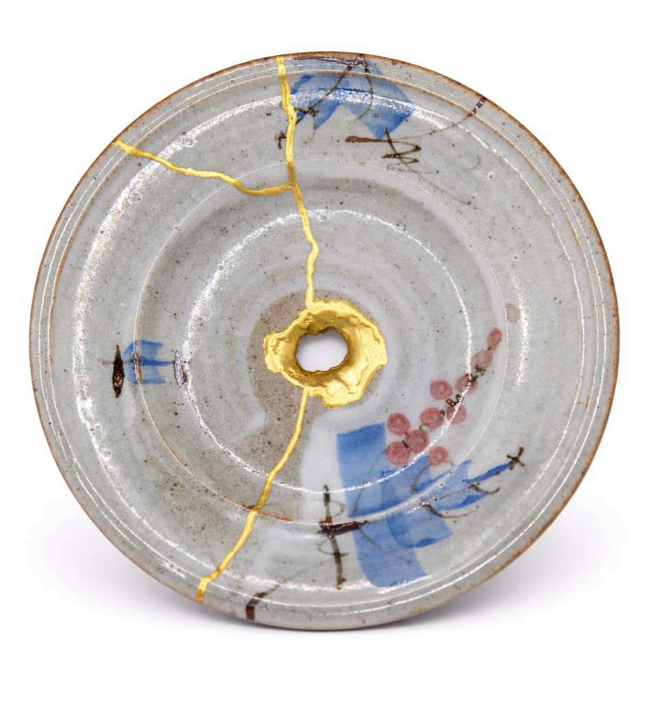 Stoneware Kintsugi Plate - Vtg Japanese Ceramic Repaired with Gold + Gift Box