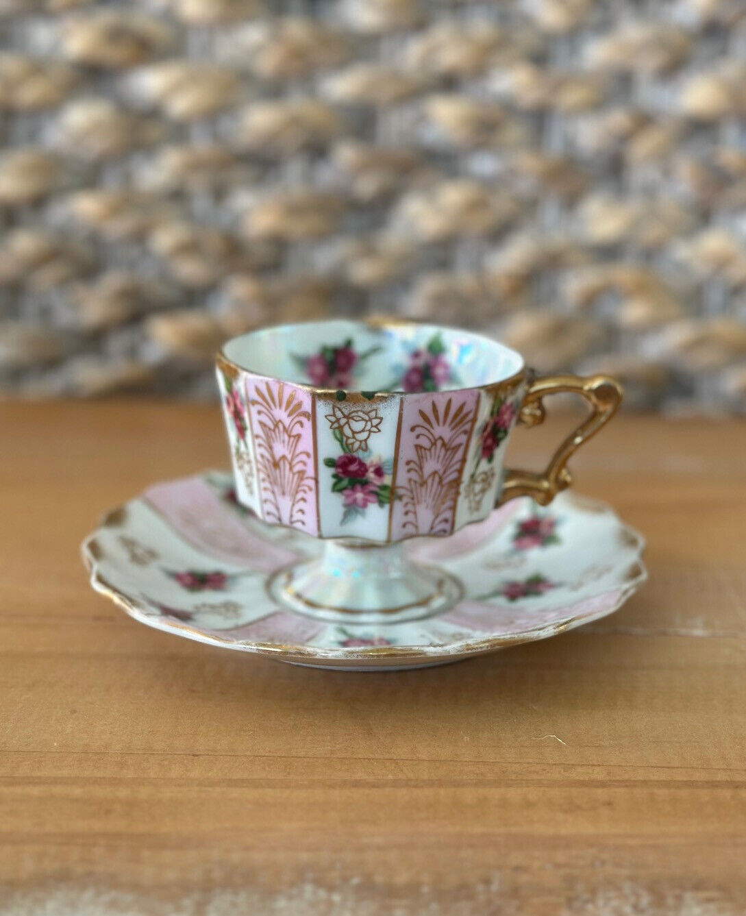 Vintage UCAGCO Iridescent Pink And White Teacup and Saucer Set Made in Japan