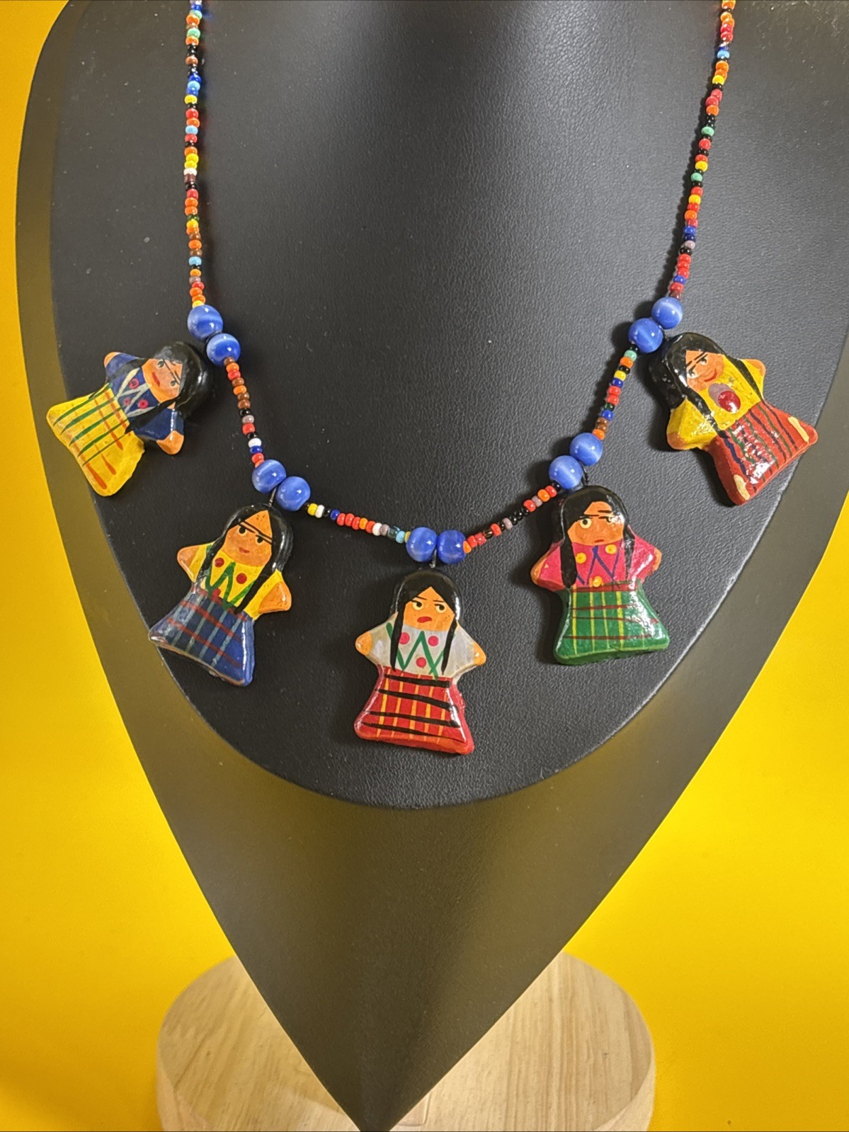 VTG Hand Crafted Painted  necklace beads Worry Dolls Beaded Indian 18”Princess