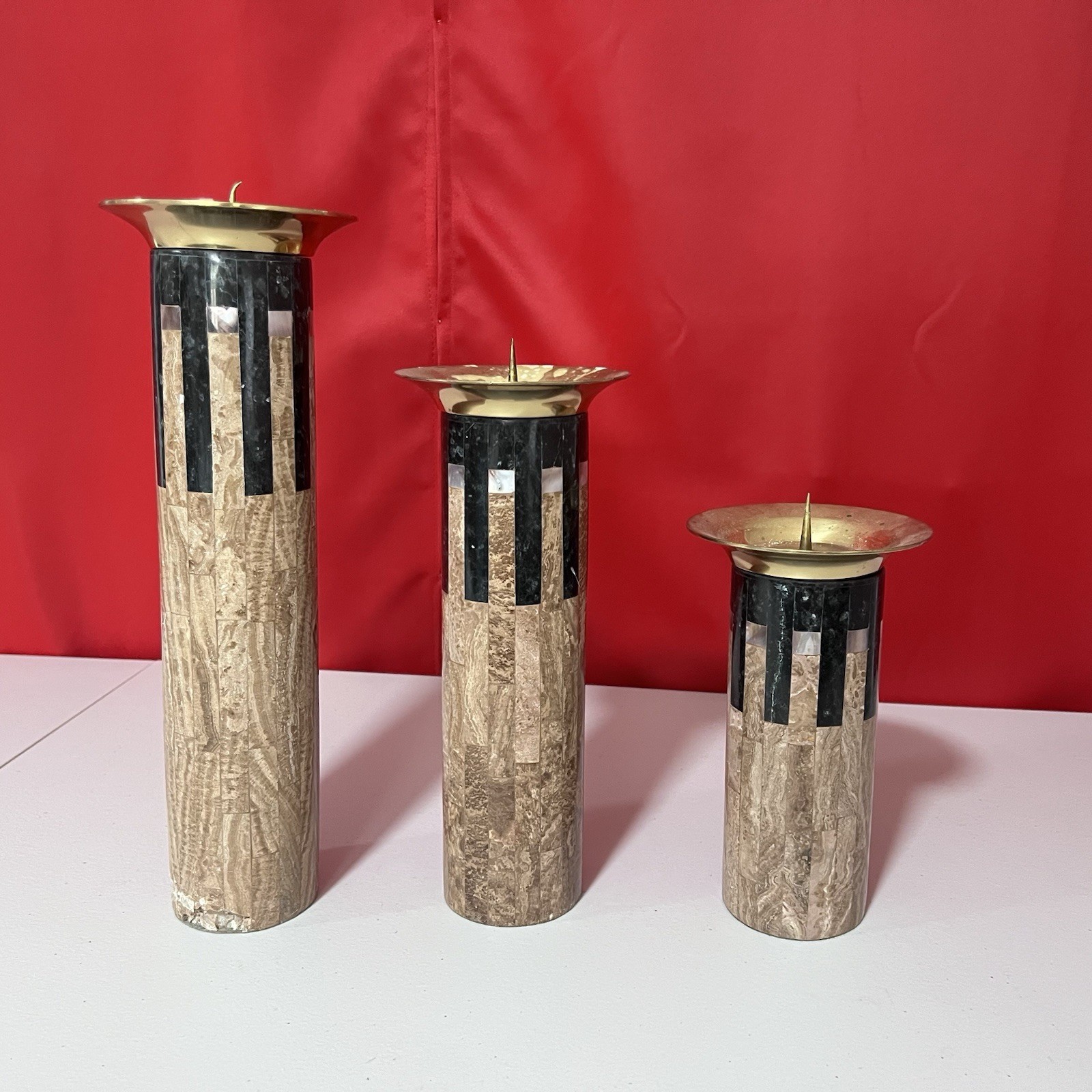 VINTAGE TESSELLATED TRAVERTINE/ONYX STONE& BRASS PILLAR CANDLESTICKS 3 SETS VINTAGE TESSELLATED TRAVERTINE/ONYX STONE& BRASS PILLAR CANDLESTICKS 3 SETS