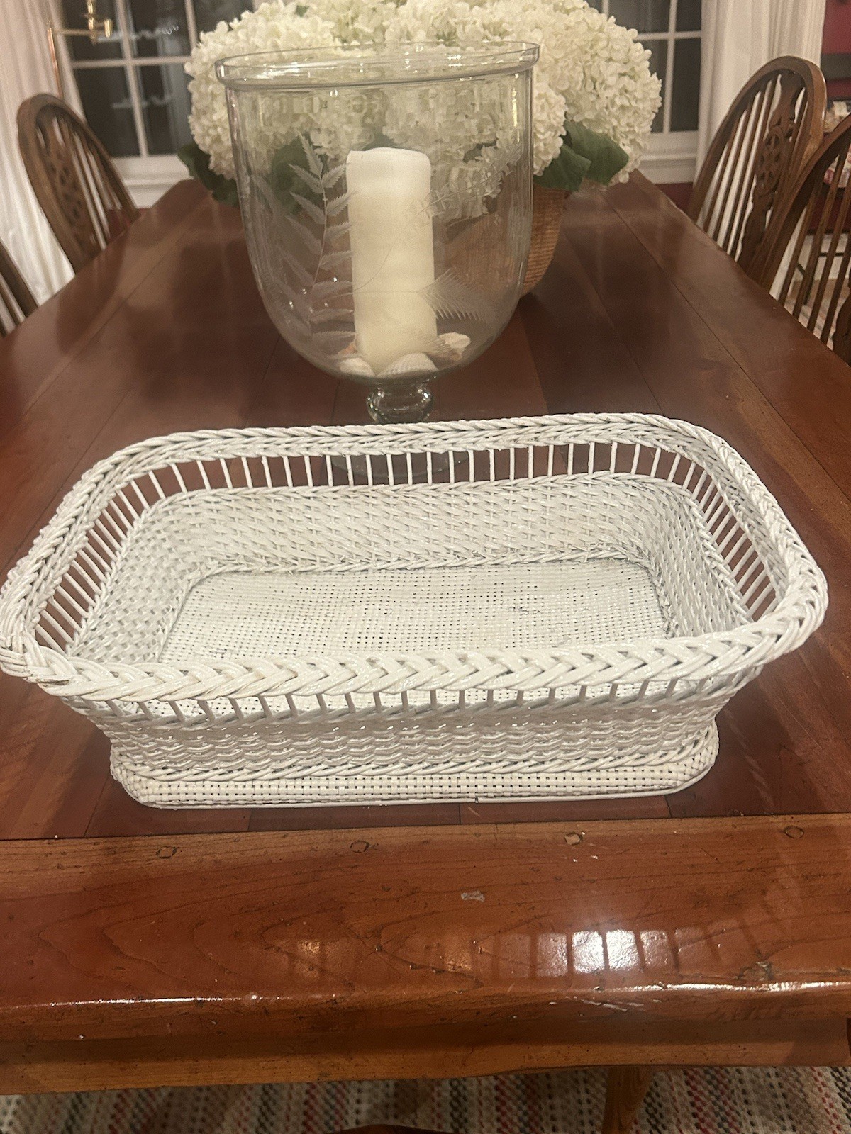 Vtg Rectangular White-painted Whicker basket 