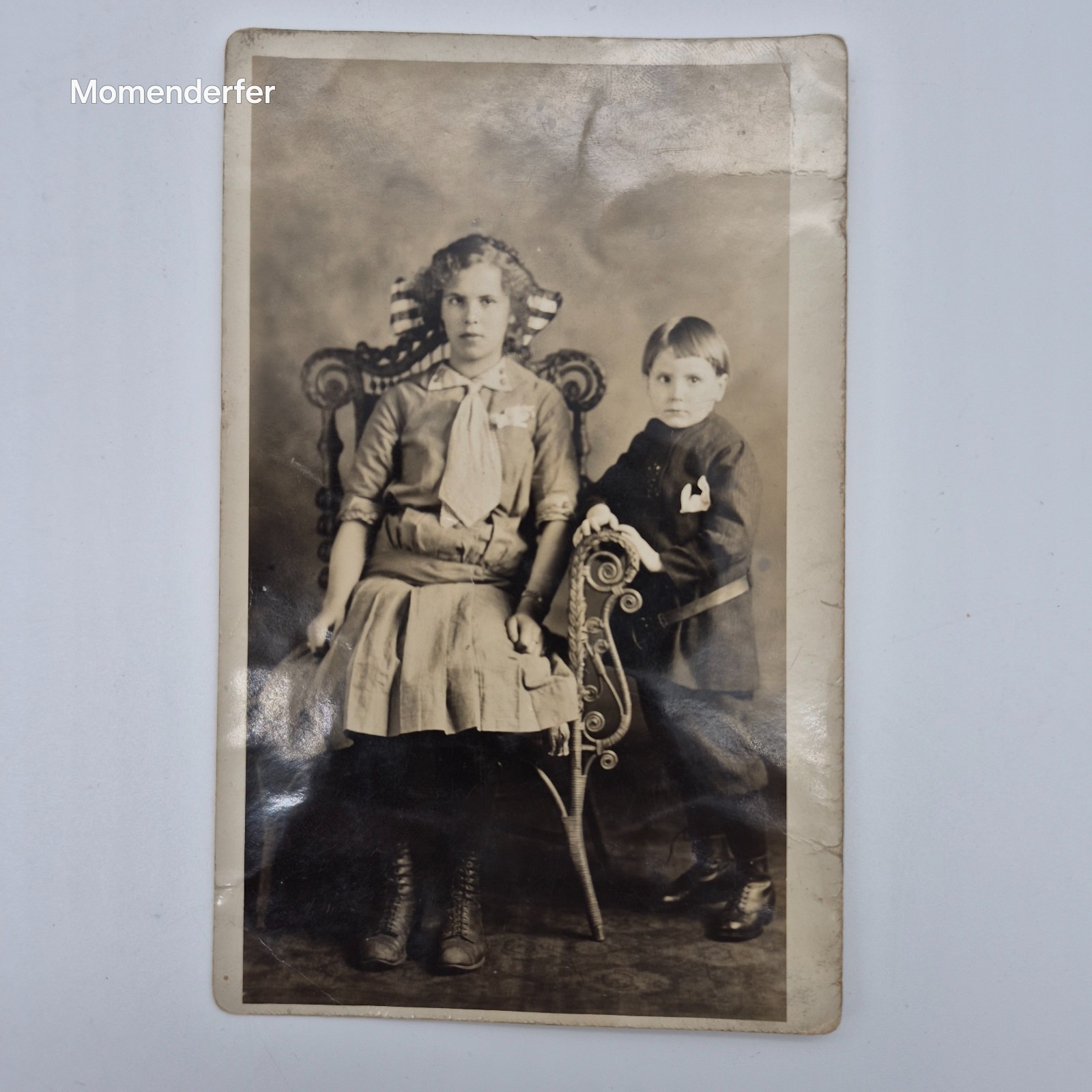RPPC Girl & Boy Wicker Chair Roger\'s Studio Port Arthur Ontario Finnish c1915