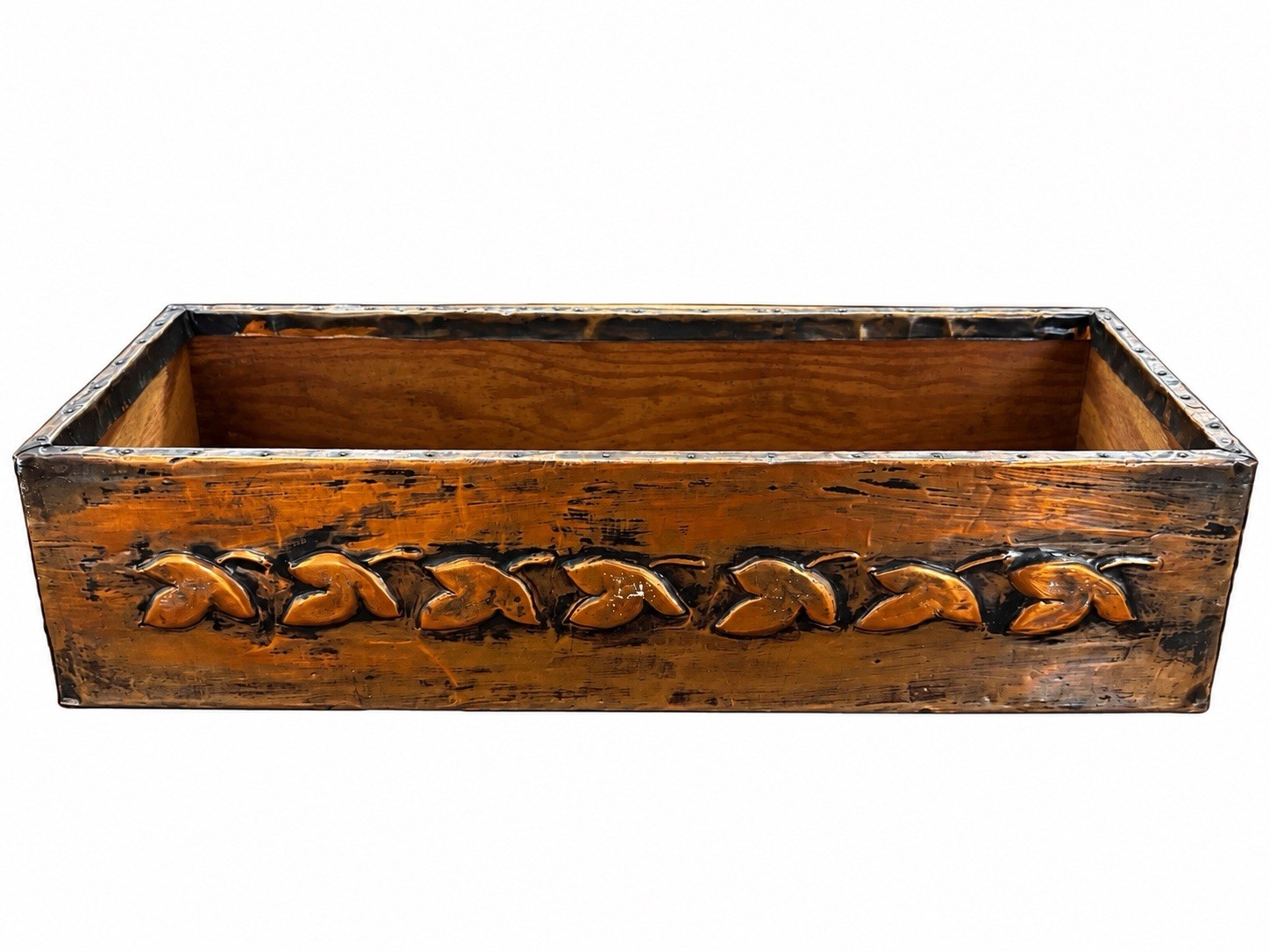 Vtg Hammered Copper Oblong Rectangular Planter Cachepot Laurel Leaf Design