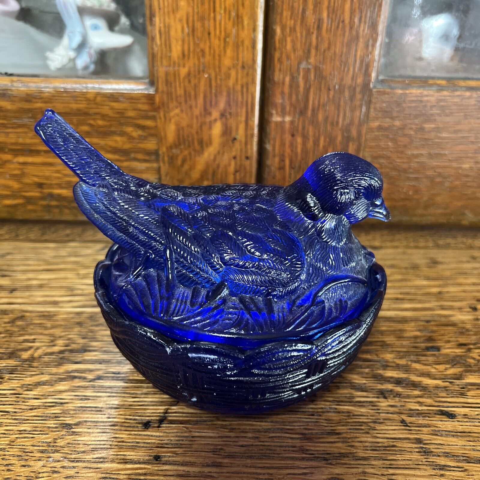 Hsinchu Glass Cobalt Blue Bird on Nest Dish Vintage MCM