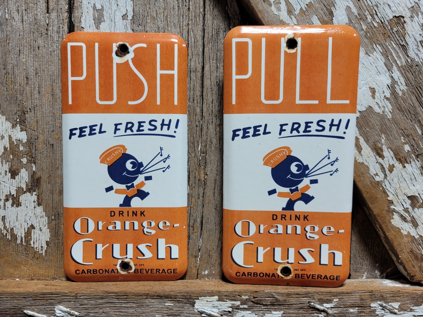 VINTAGE ORANGE CRUSH PORCELAIN SIGN OLD PAIR OF SODA DOOR PUSH COLA BEVERAGE POP