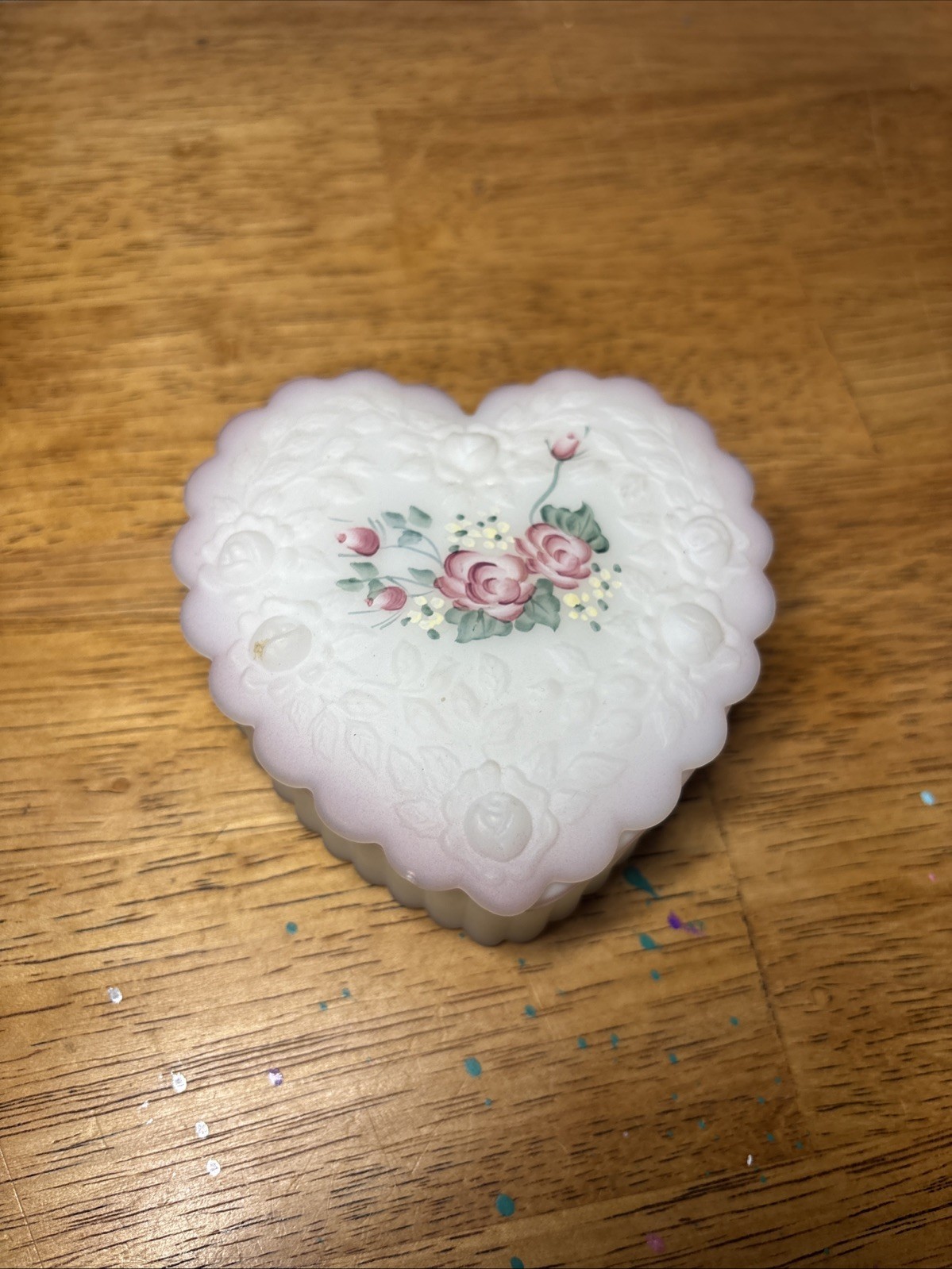 Fenton White Satin Milk Glass Heart Covered Trinket Dish