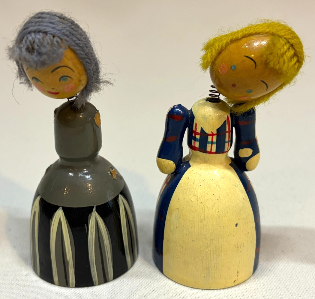 Vintage Hand Painted Wooden Bobblehead Dolls Yarn Hair Spring Nodders Pair