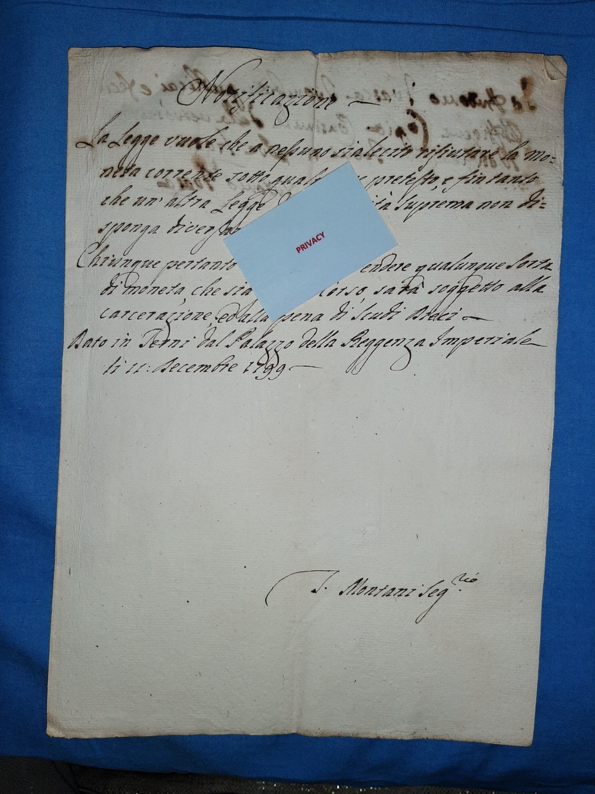 I8085 TERNI 1799 ACT OF NOTIFICATION IMPERIAL REGENCY COIN SANCTION