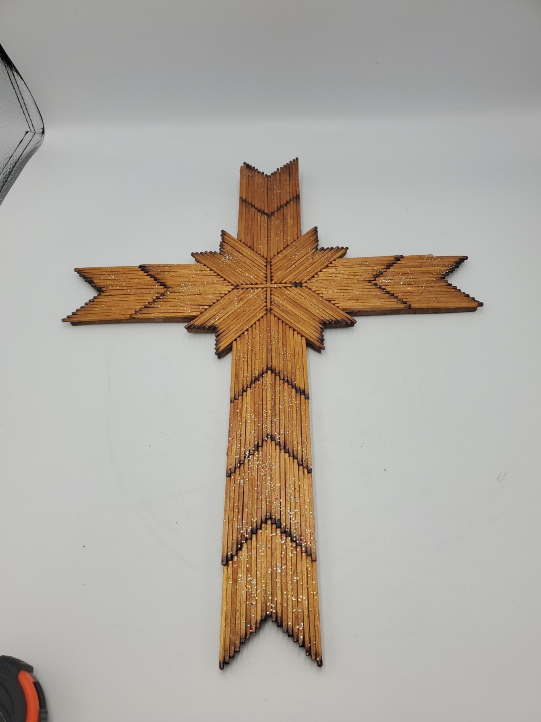 Vintage Burnt Wood Match Stick Cross Crucifix Folk Tramp Art