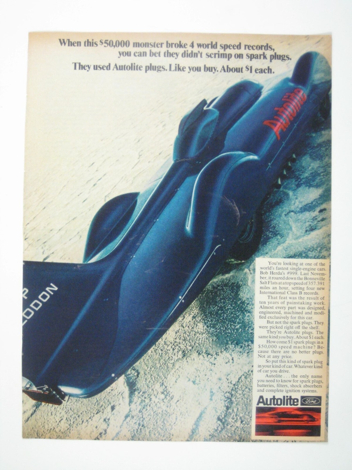 Autolite Spark Plug Vintage Ad Bluebird CN7 Land Speed Record Car 1960s Print AD