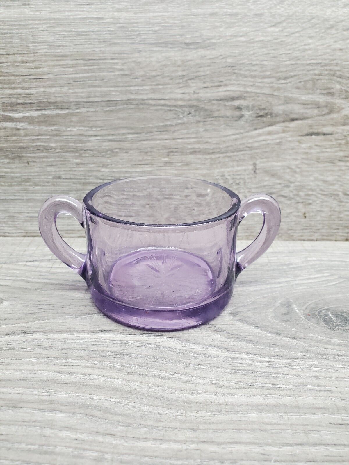 Antique Amethyst Puple Etched Glass Sugar Bowl Double Handled Dish 