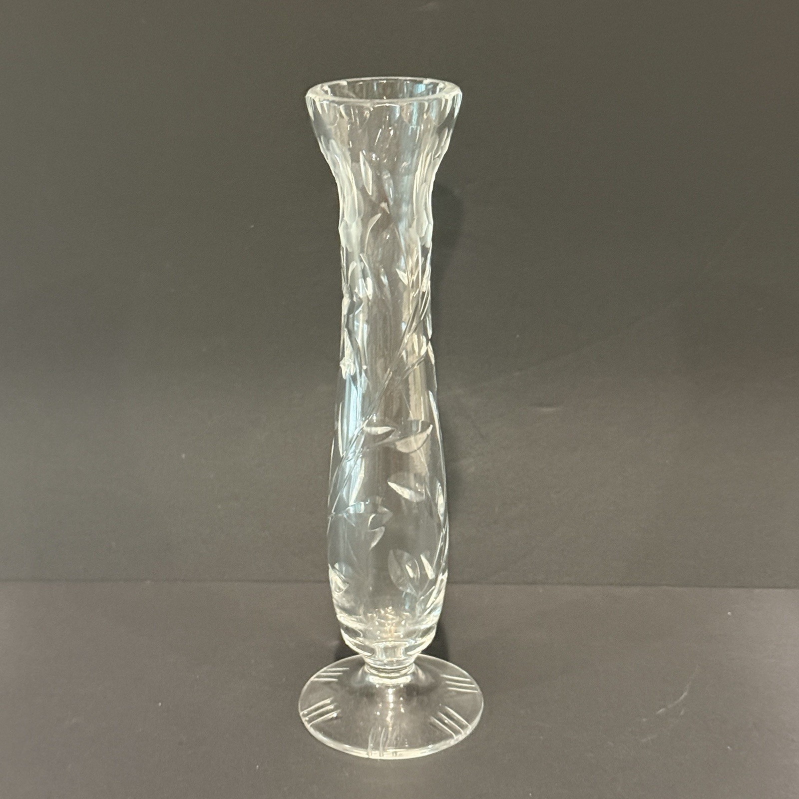 Vintage Cut Crystal Bud Vase 9.25” Tall Floral Etched Footed Clear Glass Decor