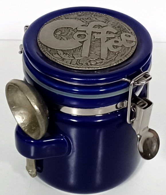 Vtg Bee House Airtight Coffee Canister w/ Spoon Cobalt Blue Ceramic 5\