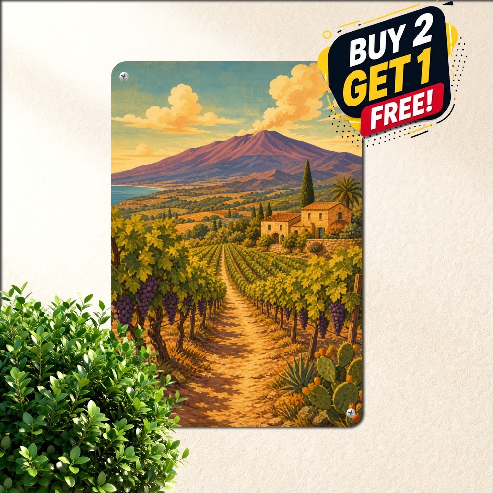 Rural Italian Vineyard Tin Sign Sunlit Countryside Path Metal Wall Art