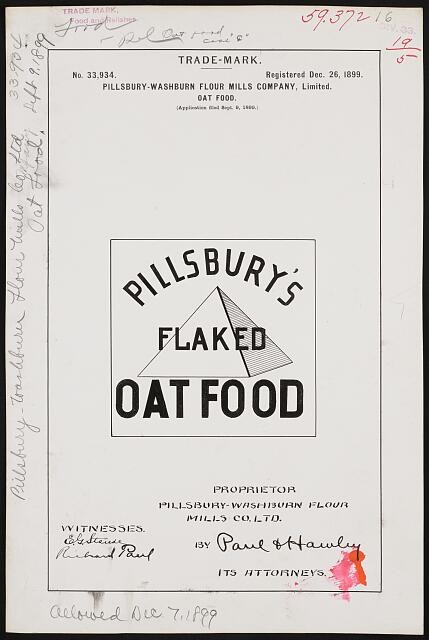 Pillsbury Washburn Flour Mills 1899 Trademark Pillsbury Flaked Oat Food