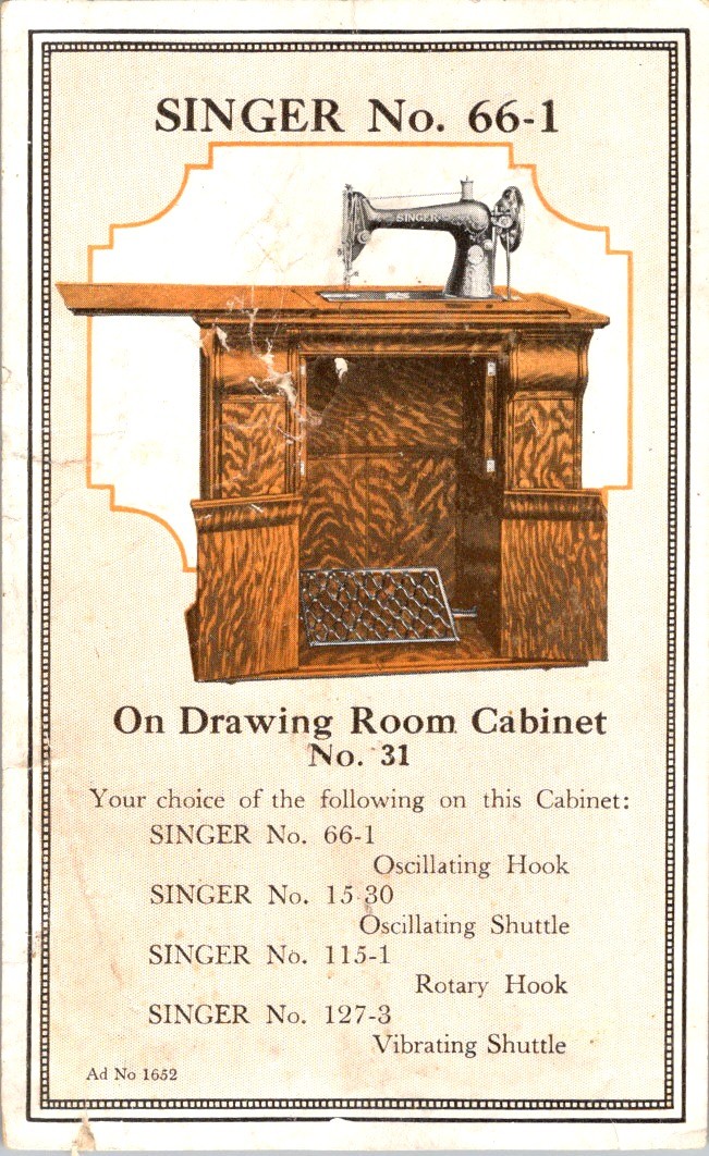 Singer No 66-1 Sewing Machine Trade Card 1910s - Drawing Room Cabinet No 31