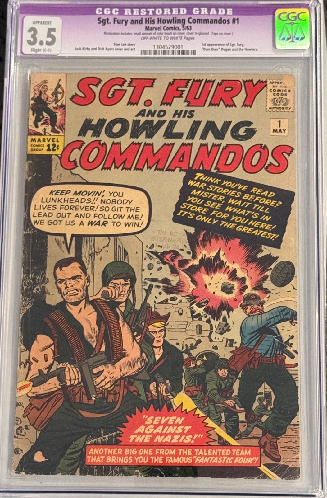 Marvel Comics SGT FURY AND HIS HOWLING COMMANDOS #1 CGC 3.5 *RESTORED* 1963