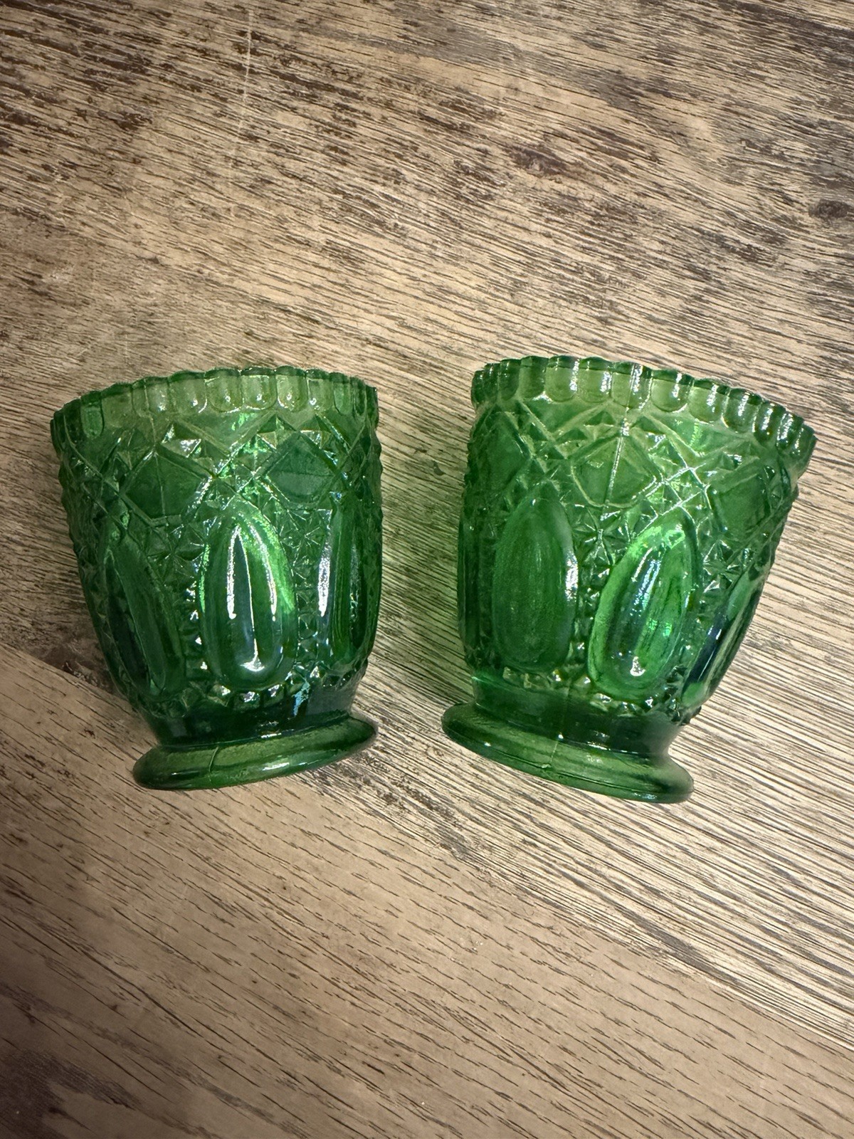 VTG L G Wright Green Glass Toothpick Holder/Votive Candle Cup set of 2