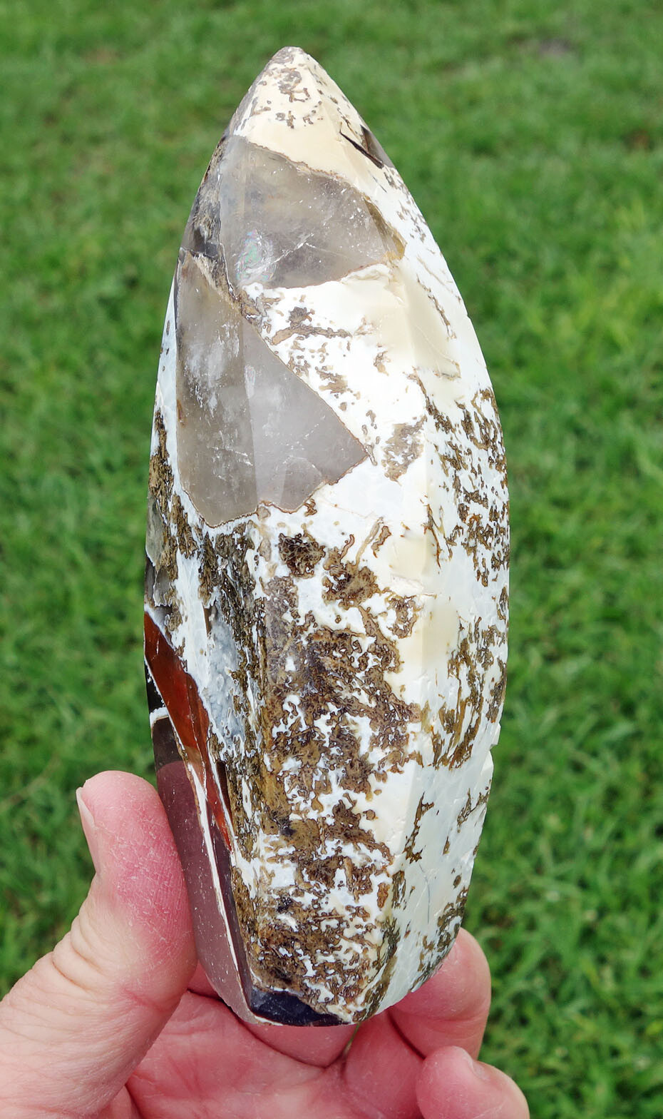 Clear Quartz MOSAIC OPAL w Black Tourmaline Inclusions Crystal FLAME Point 192