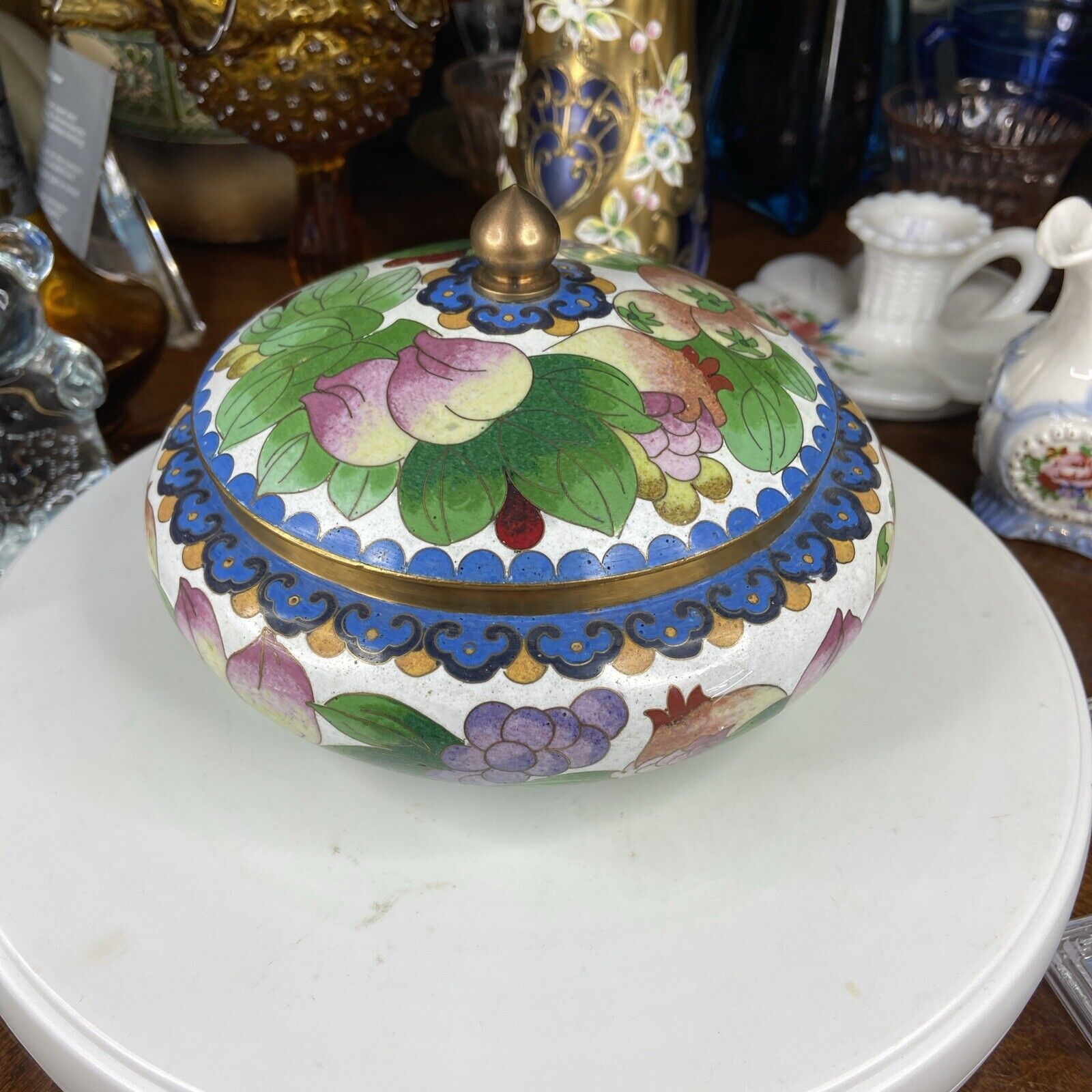 Vtg Brass Enamel Cloisonné Bowl Dish w/ Lid White And Blue Fruit Jingfa 6.5”x 4”