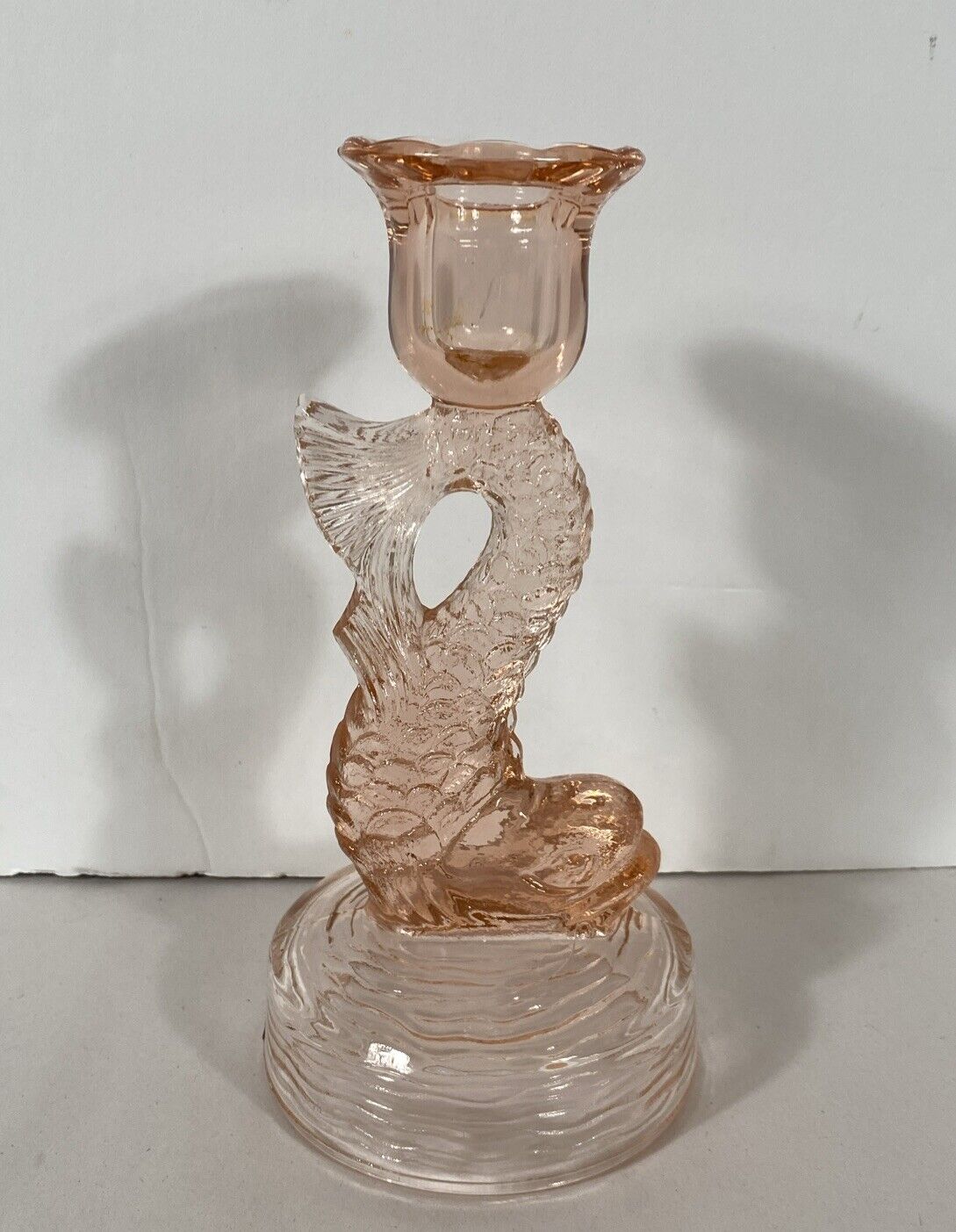 Vtg TIFFIN Pink KOI FISH DRAGON Depression Glass Candlestick Holder 7.75”H
