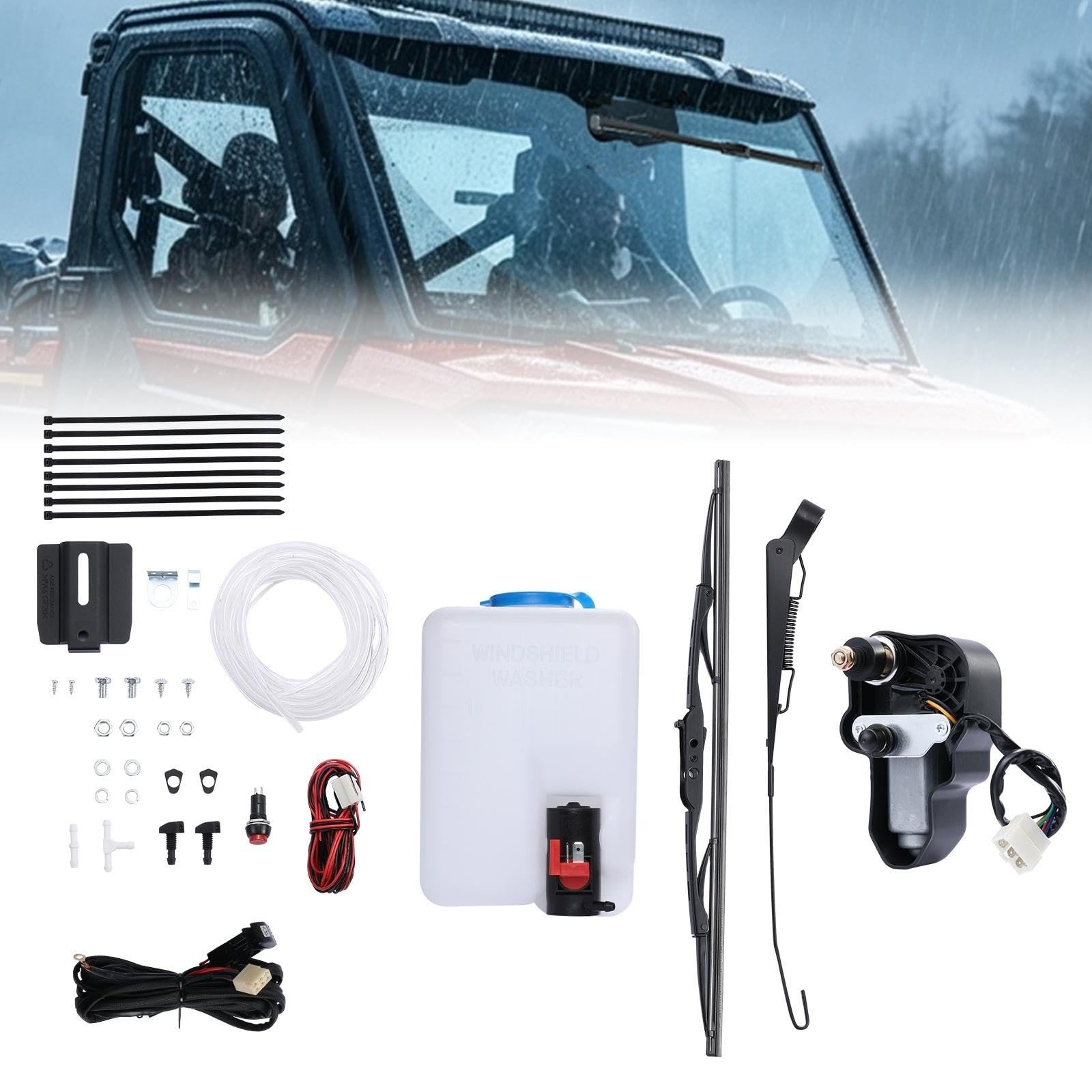 UTV Windshield Wiper Kit, 12V 2 Speed Motor, 165° Sweep | Washer, Arm & Blade