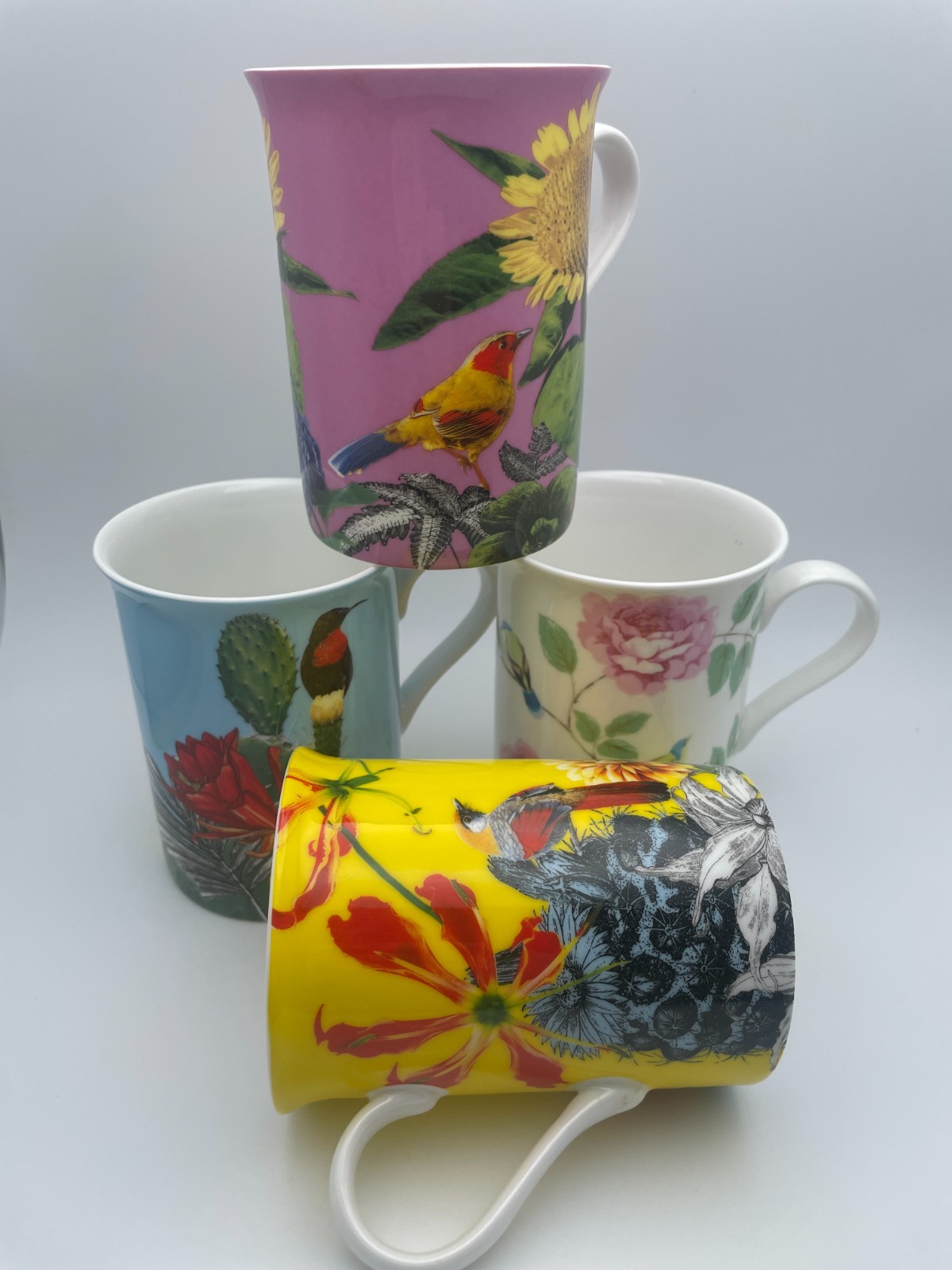 Stechcal Gracie Bone China Cylinder Mug Birds Flowers Summer Garden 10oz S/4 B73 Stechcal Gracie Bone China Cylinder Mug Birds Flowers Summer Garden 10oz S/4 B73
