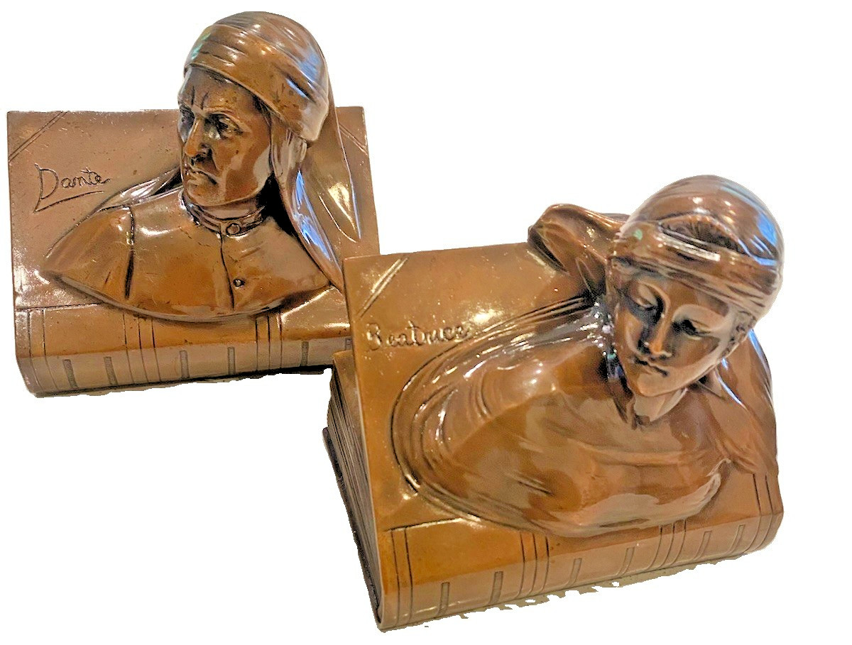 Dante Alighieri & Beatrice Portinari Bronzed Bookends Jennings Brothers Vintage
