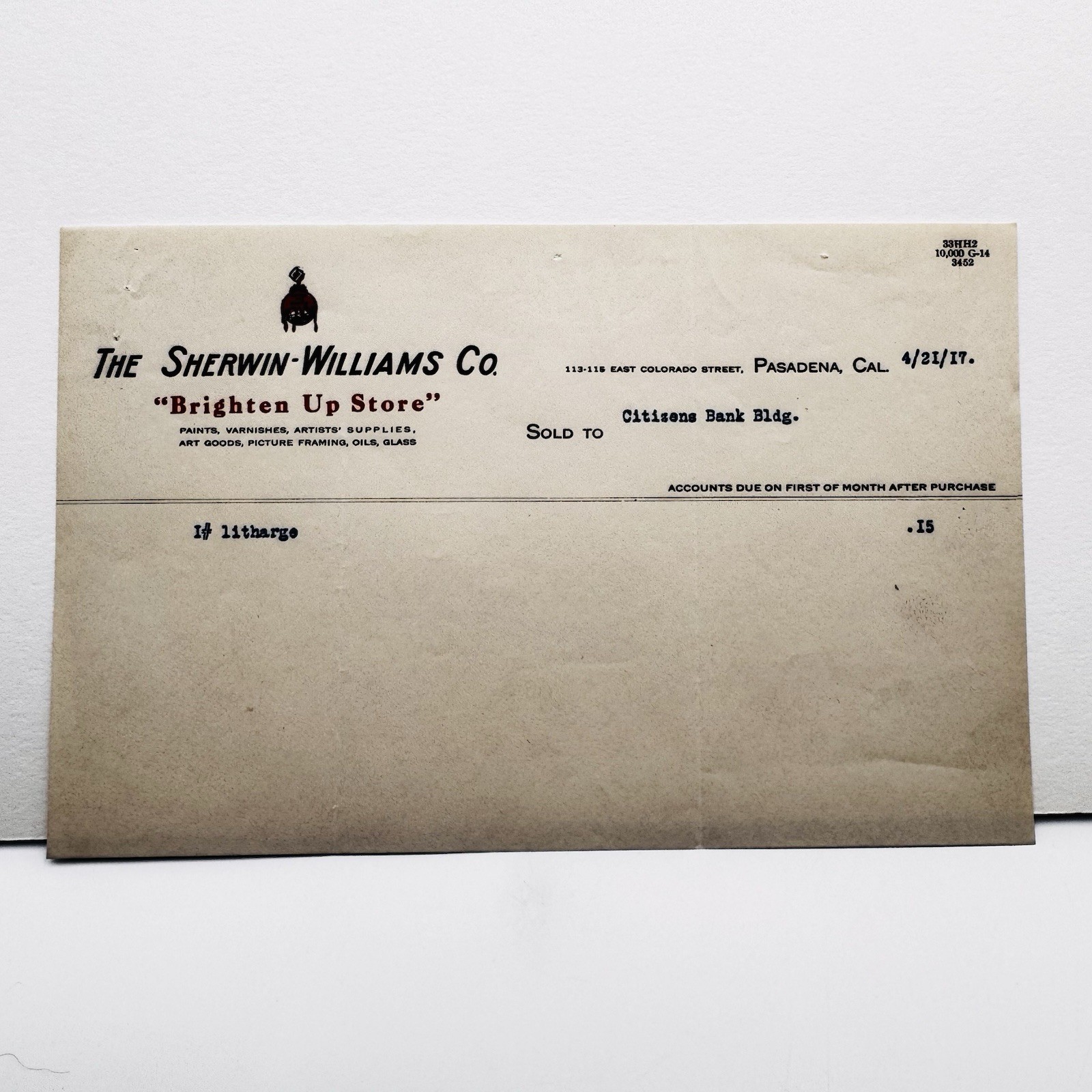 1917 Vintage Sherwin-Williams Pasadena CA Billhead Invoice Paint Advertising