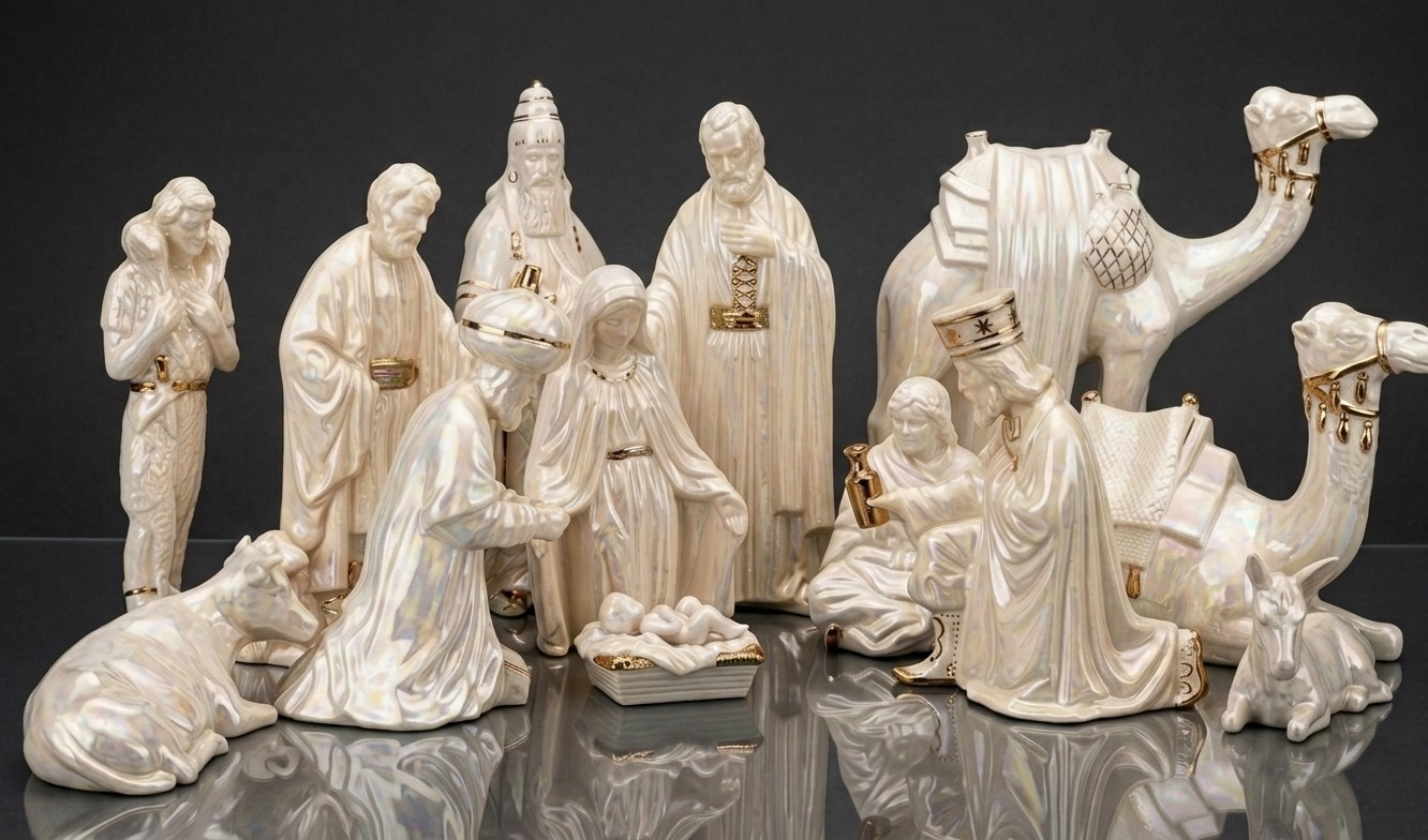 Vtg 1970s Duncan Mold Ceramic Nativity Set 14 Pc - Iridescent Pearl Glaze Large Vtg 1970s Duncan Mold Ceramic Nativity Set 14 Pc - Iridescent Pearl Glaze Large