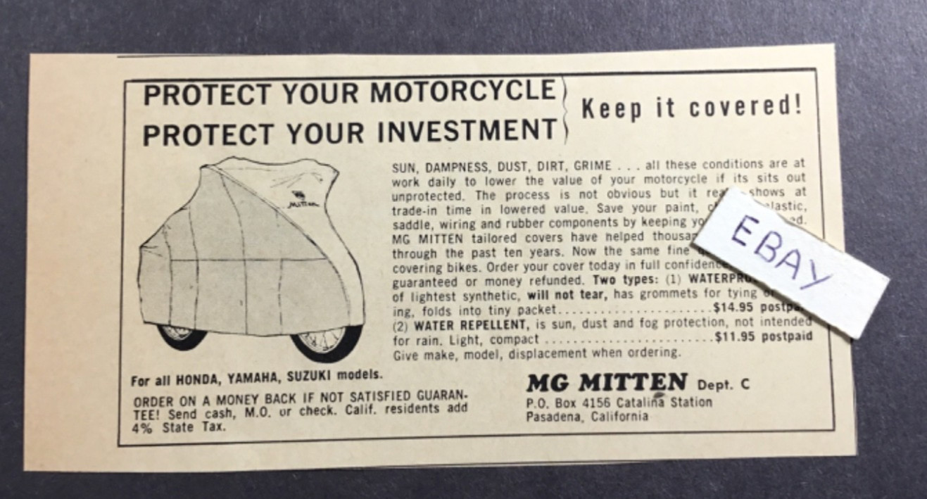 1965 Print Ad. MG Mitten, Pasedena, Ca. Motorcycle Covers 1965 Print Ad. MG Mitten, Pasedena, Ca. Motorcycle Covers
