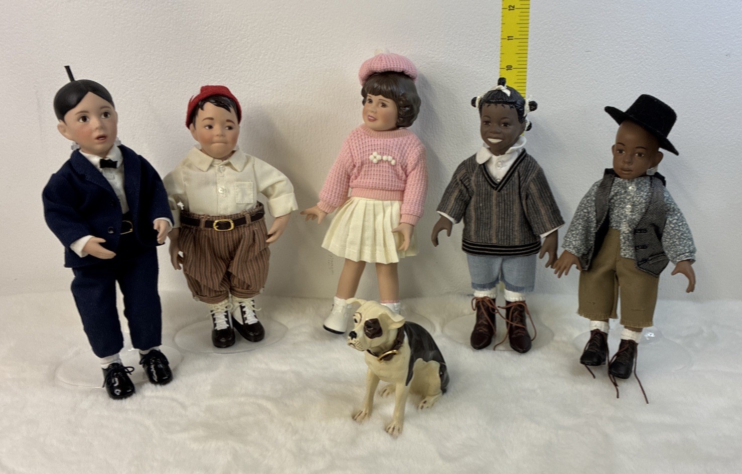 Vtg. Set Of 5 Porcelain Little Rascals Dolls W/Petey The Pup & Stands  ADG