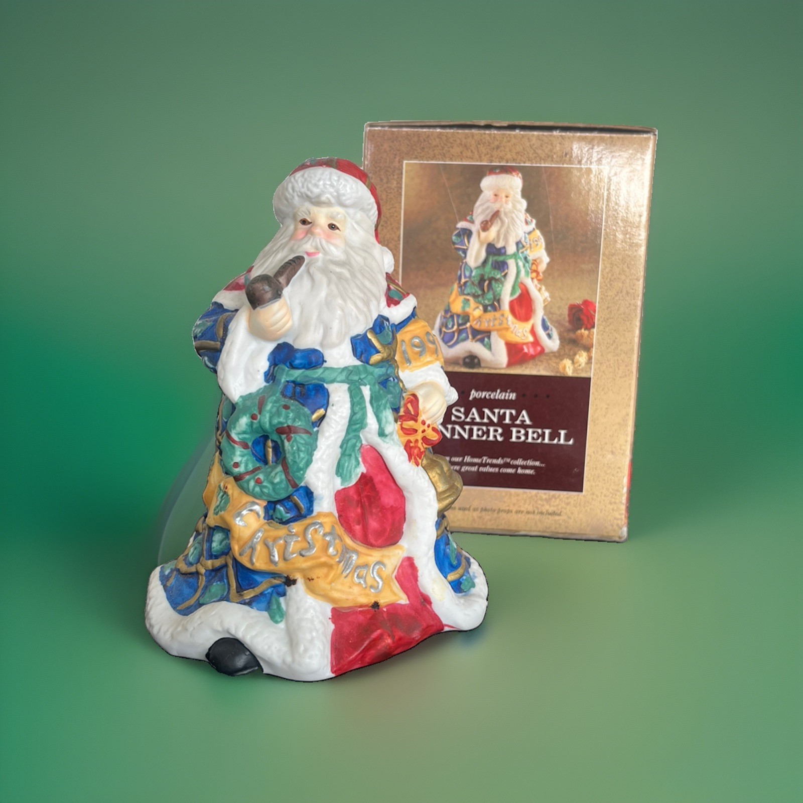 Vintage Santa Dinner Bell Porcelain Figurine Christmas Holiday Decor w/ Box 1997