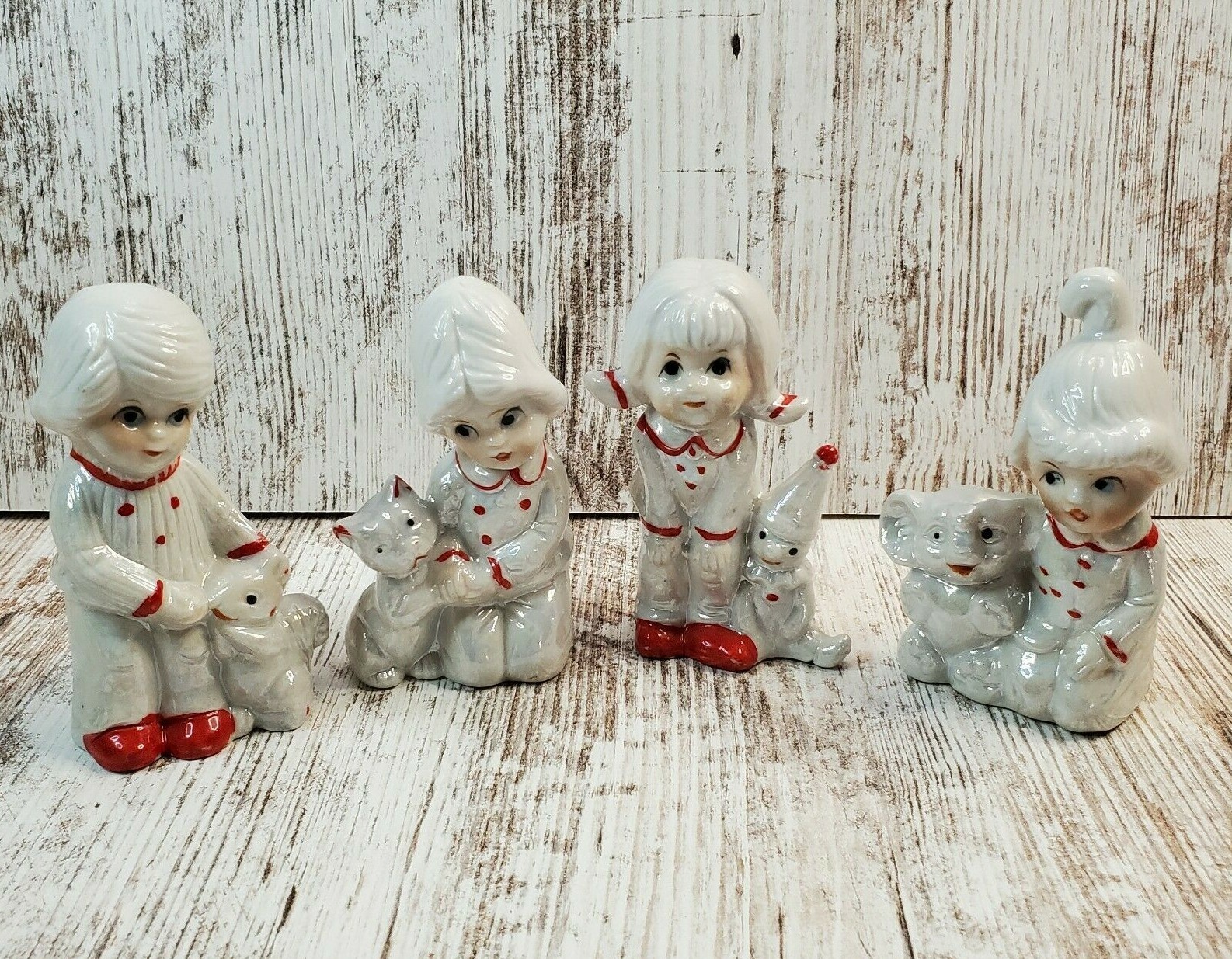 4 Vintage Crown Deville Red & White Lusterware Children with Toys Figurines 