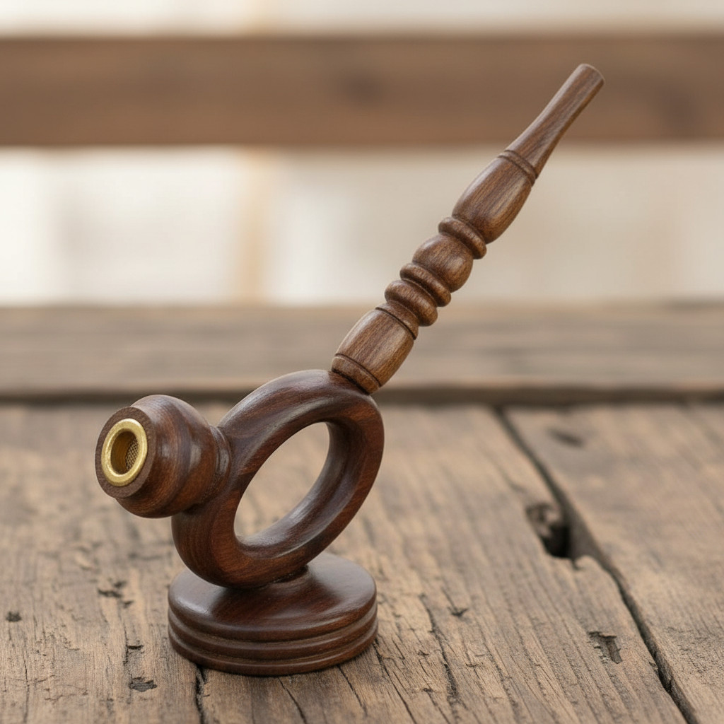 Artisan Hand-Carved Sheesham Wood Sparrow Pipe: Cherry Finish & Standing Base