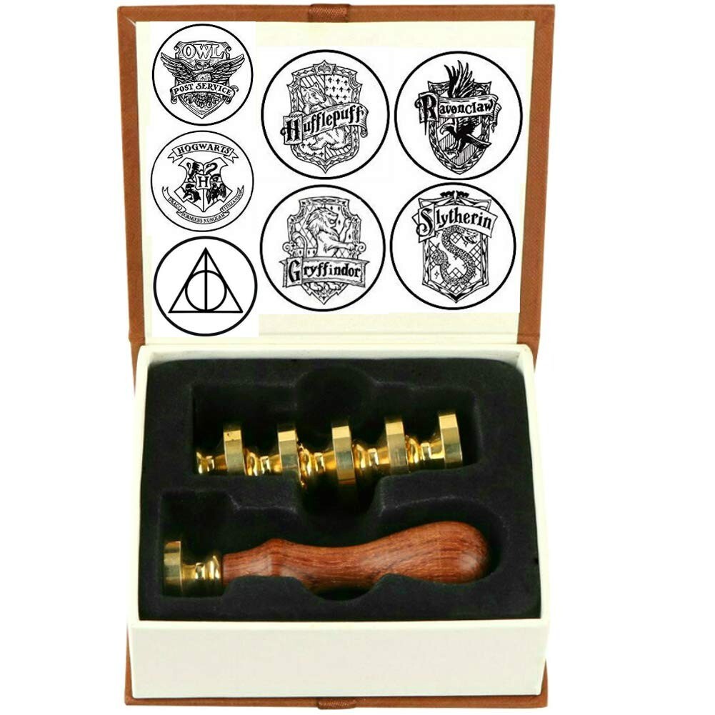 7 Pieces Sealing Wax Stamps Copper Seals+1 Piece Wooden Hilt Harry Potter Themed