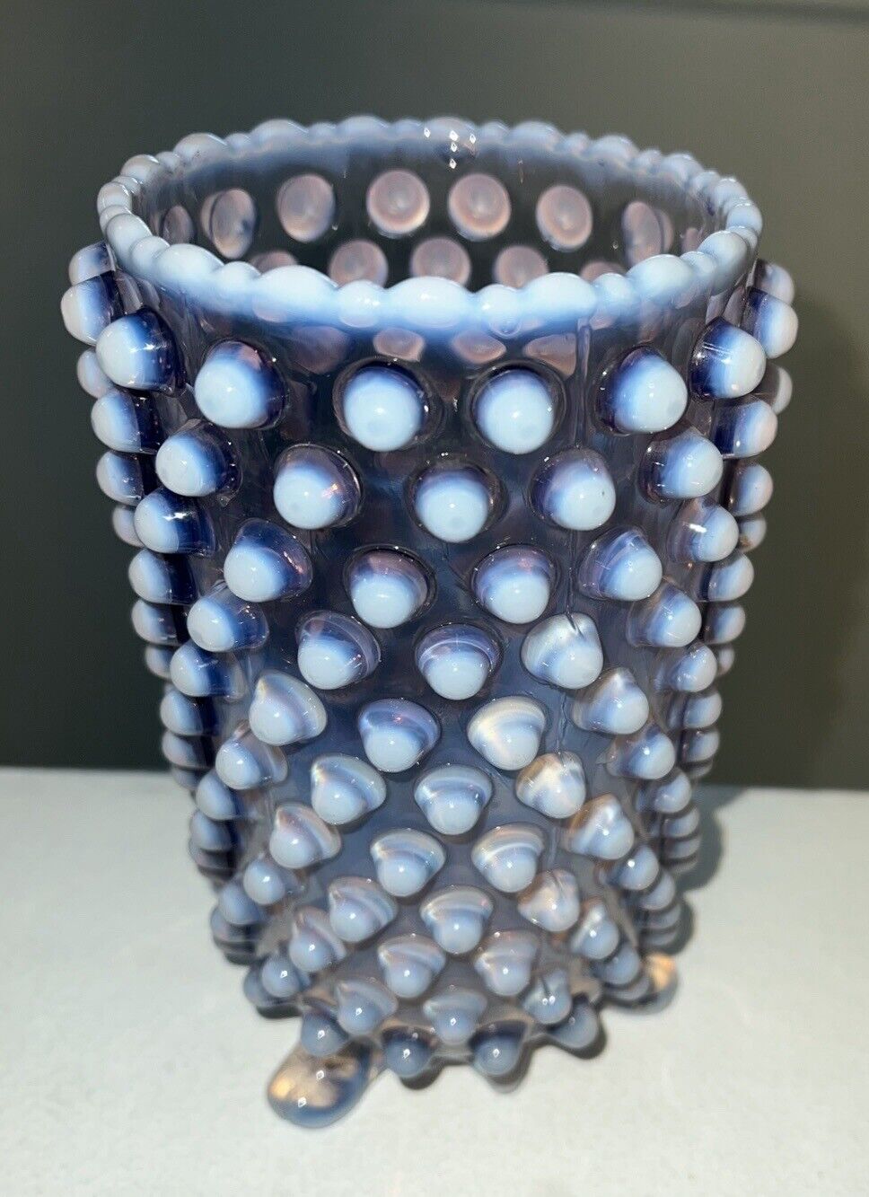Vintage Lavender Opalescent Hobnail Glass 3-Footed Celery Vase 6 3/4 Inches Tall