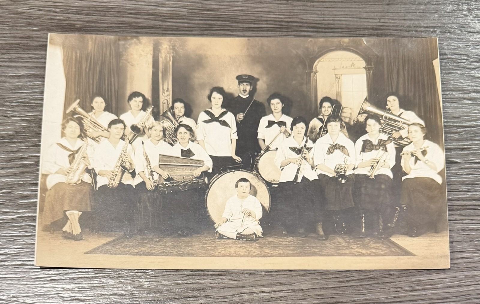 Antique 6 X 9.5 Photograph Disabled Lady Band Orchestra Group Music Early 1900s