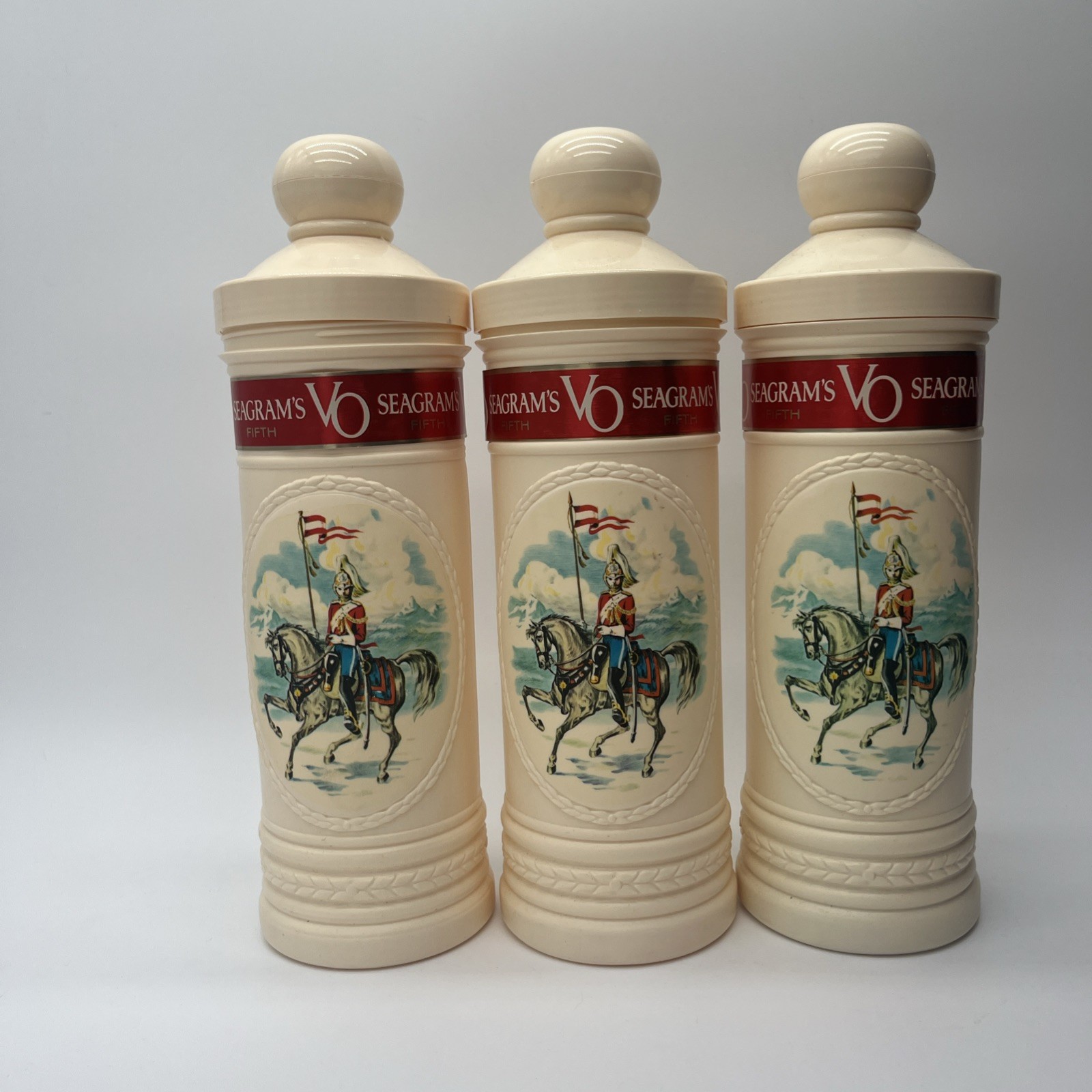 VTG 1974 Seagram’s VO Canadian Whisky Plastic Decanter Soldier Horseback LOT 3