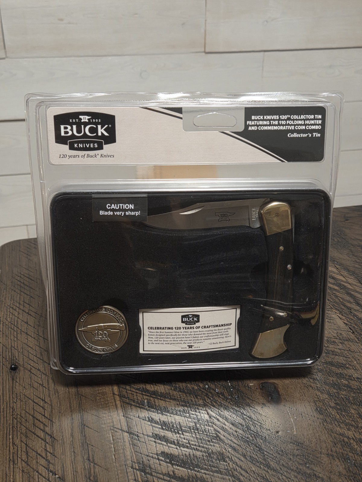 New Buck Knives 110 Folding Hunter 120 Years Collectors Ed. + Coin & Tin, USA