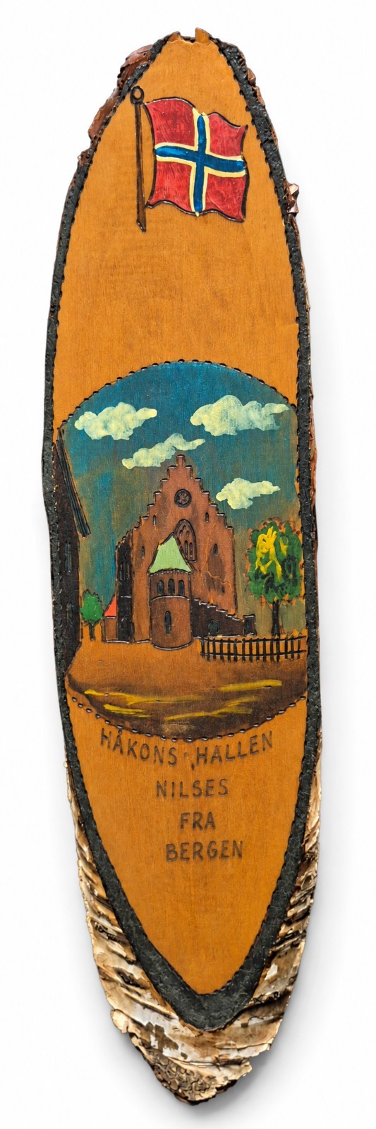 Vintage 1947 Norway Håkons Hall Bergen Bark Wood Folk Art Wall Plaque 12.5